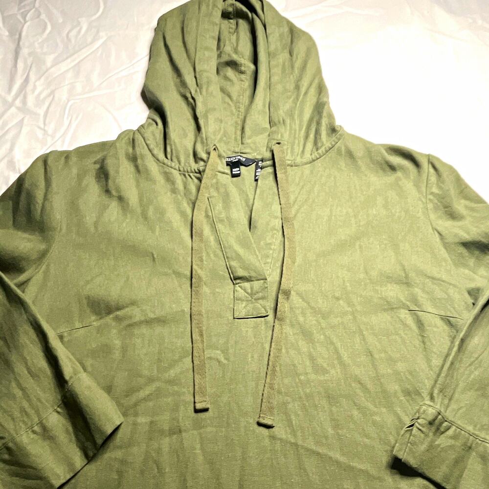 Ellen Tracy Linen Blend Pullover Hoodie Drawstring Hooded Green Women's M(138)